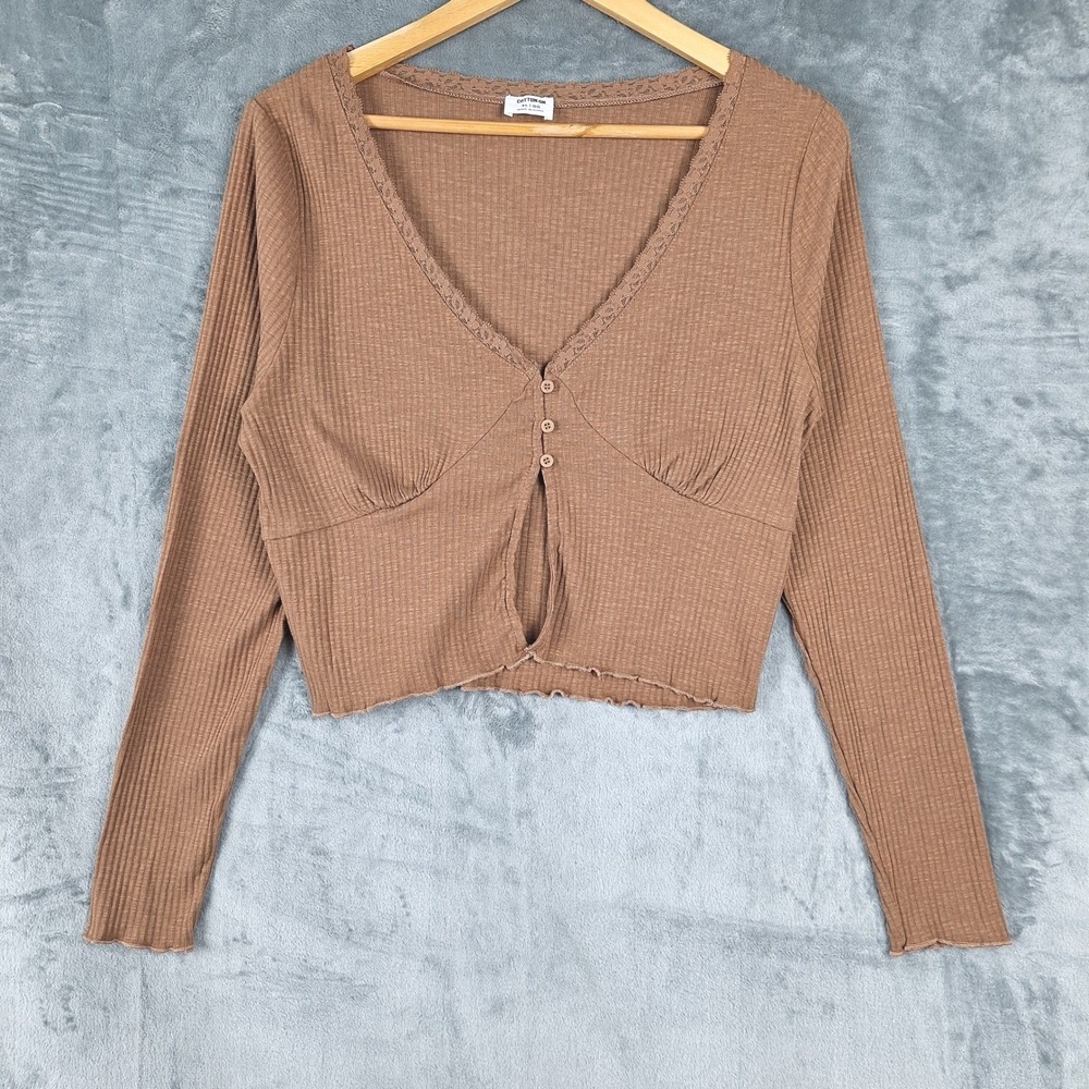 Womens Top XL Brown Boho Crop Babydoll Y2K Lace Henley Feminine Fairy Goblincore